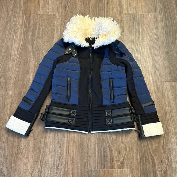 Blanc noir Blue and Black Puffer Jacket with Faux Fur Collar - Picture 1 of 8